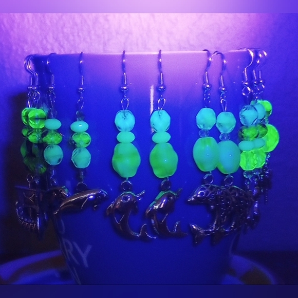 Uranium Glass Beaded Earrings Silver Charms Vintage Beads Blue Yellow Green Purp - Picture 3 of 12